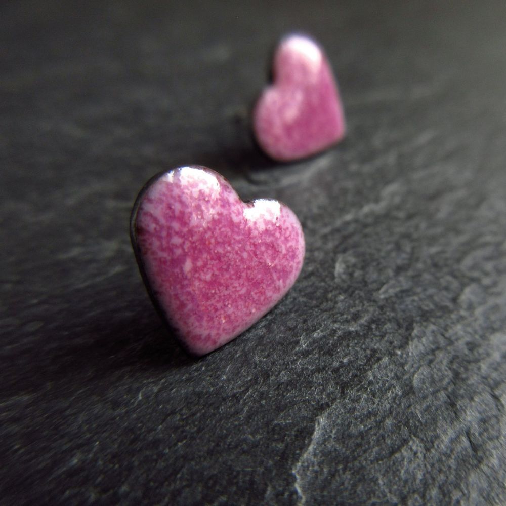 Grape Pink Enamel Heart Stud Earrings with Sterling Silver Posts