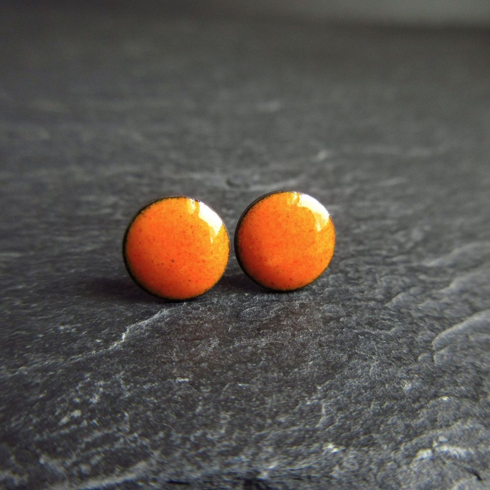 Speckled Orange Enamel Stud Earrings with Sterling Silver Posts