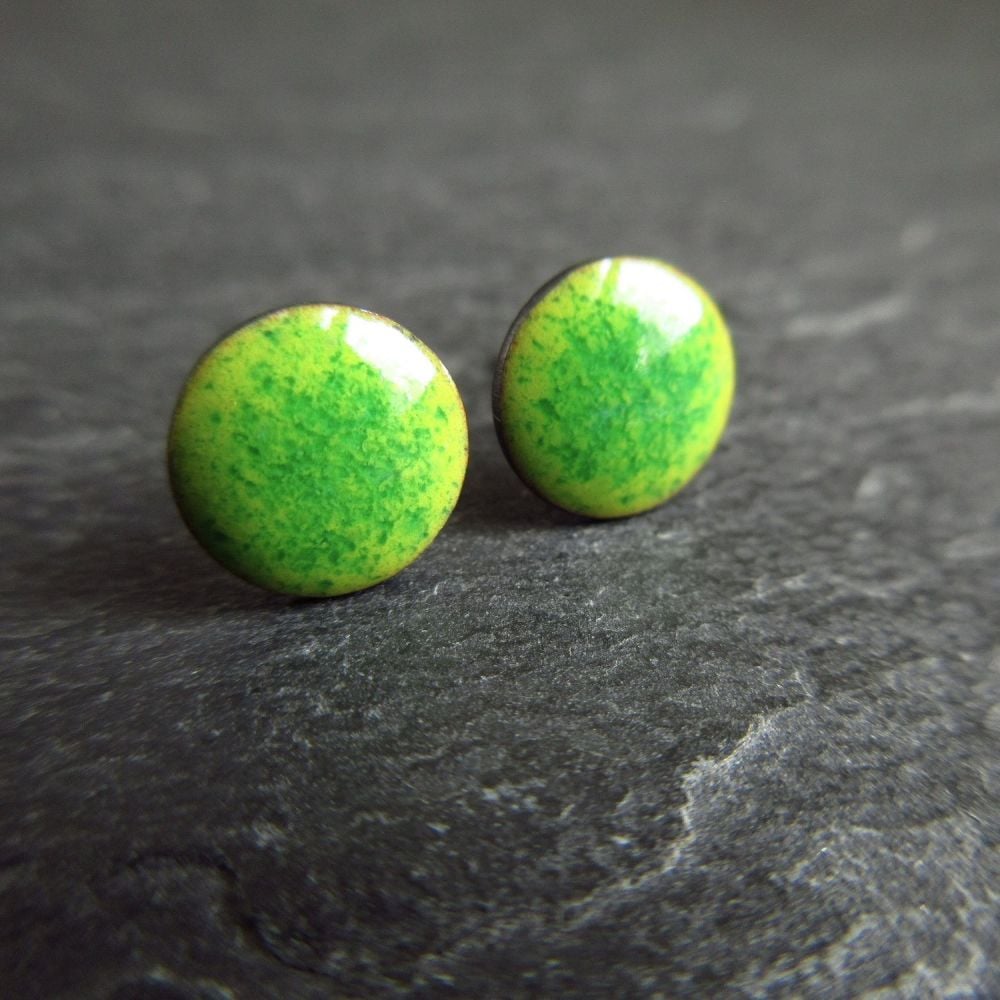 Green Enamel Disc Stud Earrings with Sterling Silver Posts