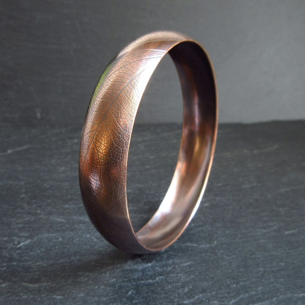 Curved Copper Bangle with Leaf Vein Pattern