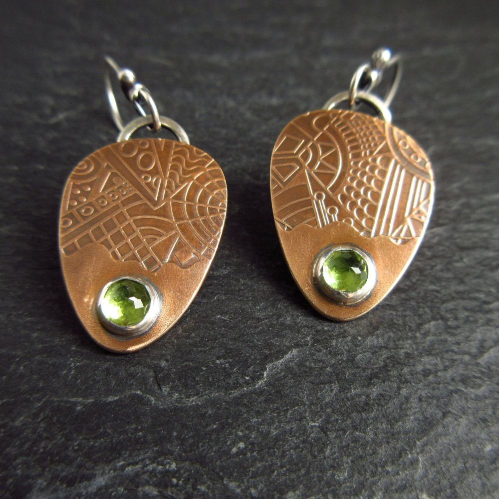 Bronze and Green Peridot Pebble Earrings