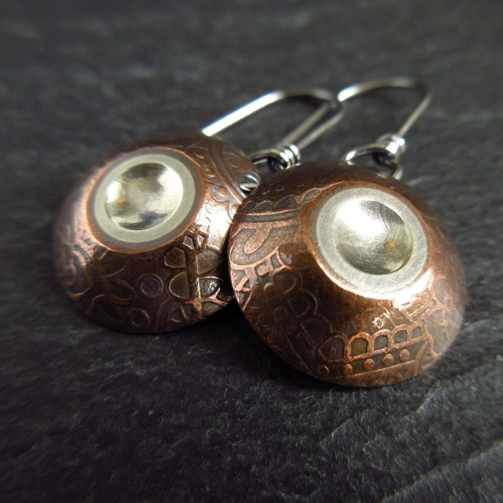 Copper Domed Earrings with Silver Disc