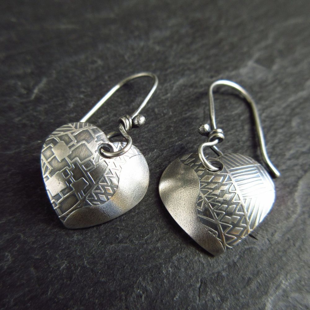 Sterling Silver Heart Earrings with Smooth and Patterned Texture