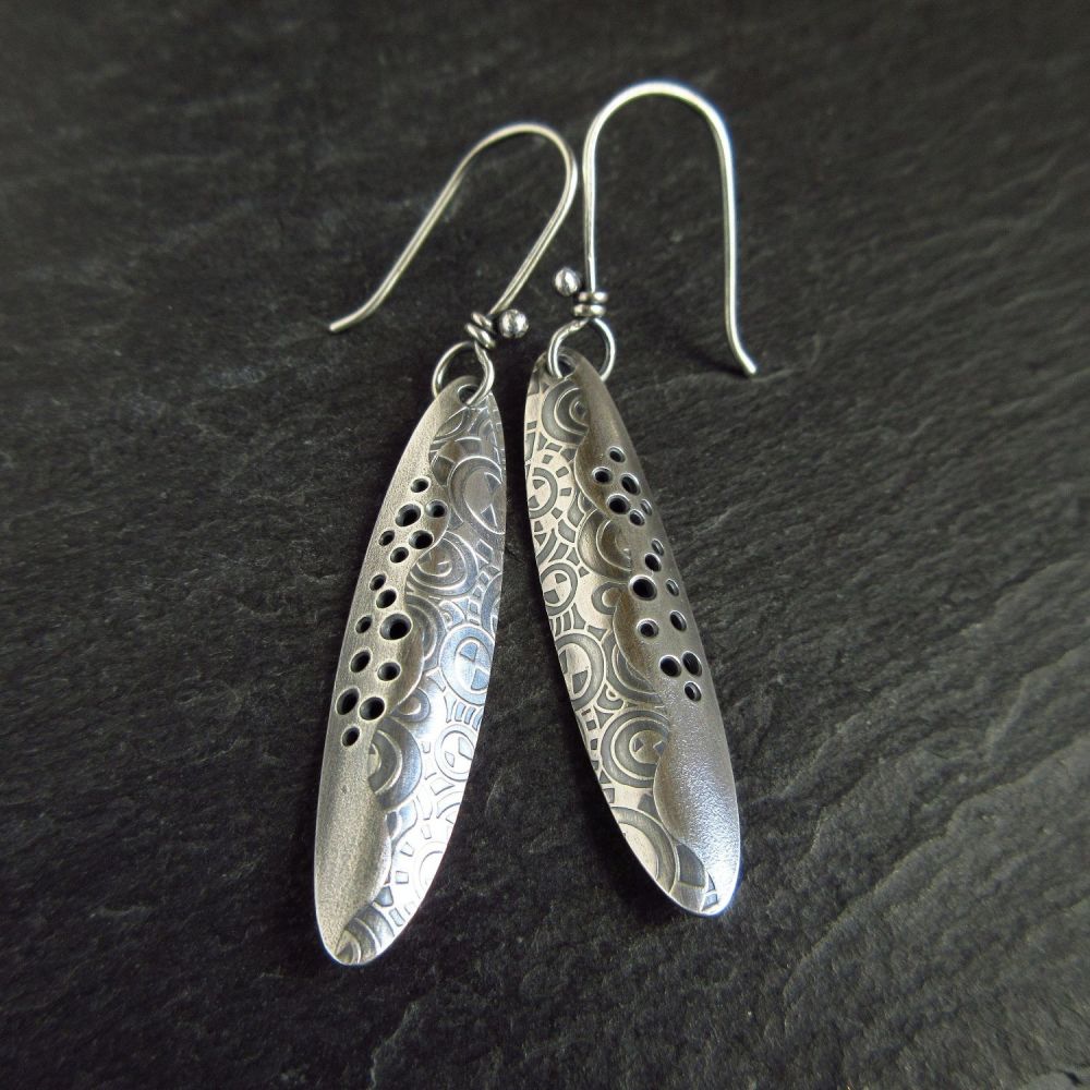 Long Oval Sterling Silver Earrings with Hole Design