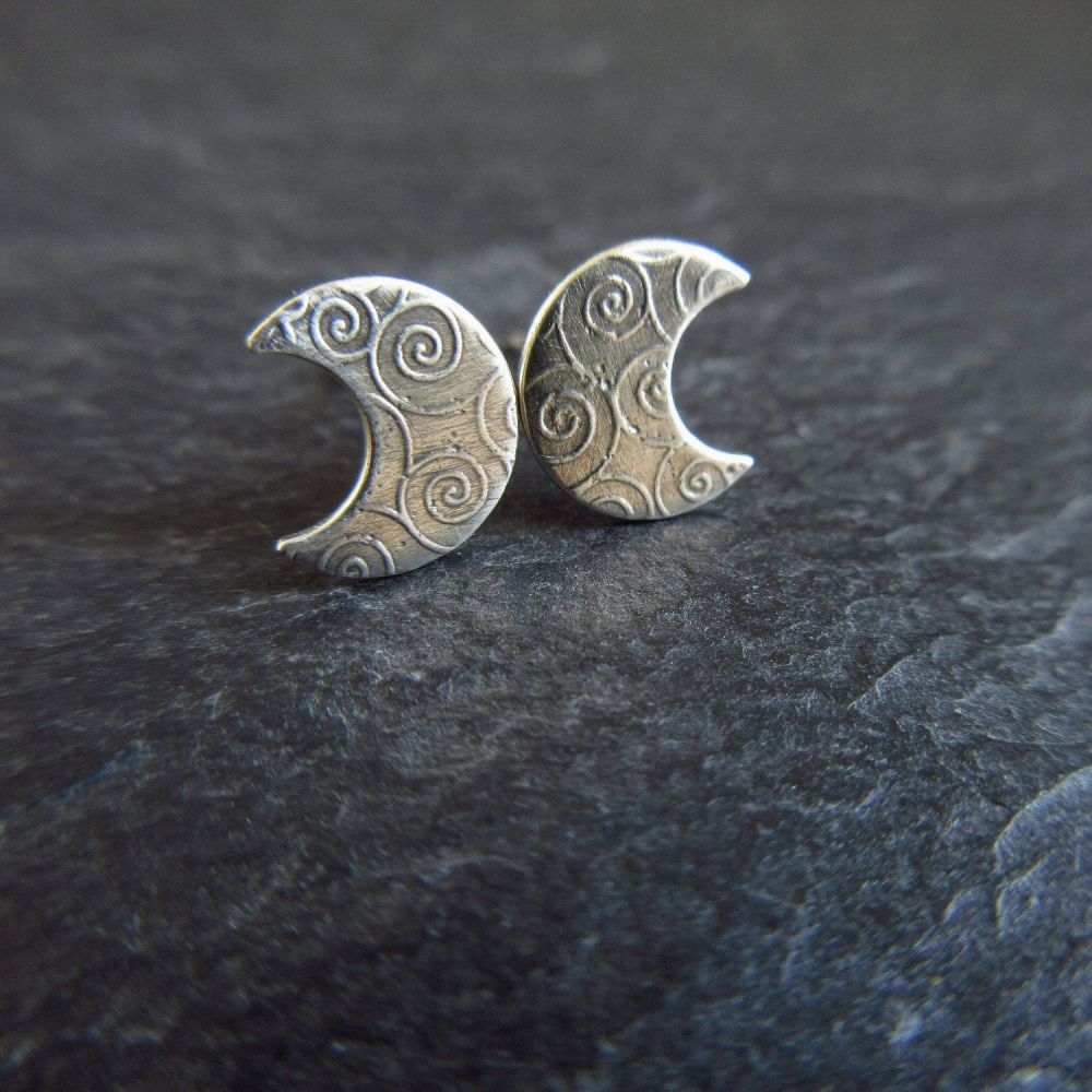 Sterling Silver Crescent Moon Stud Earrings with Spirals