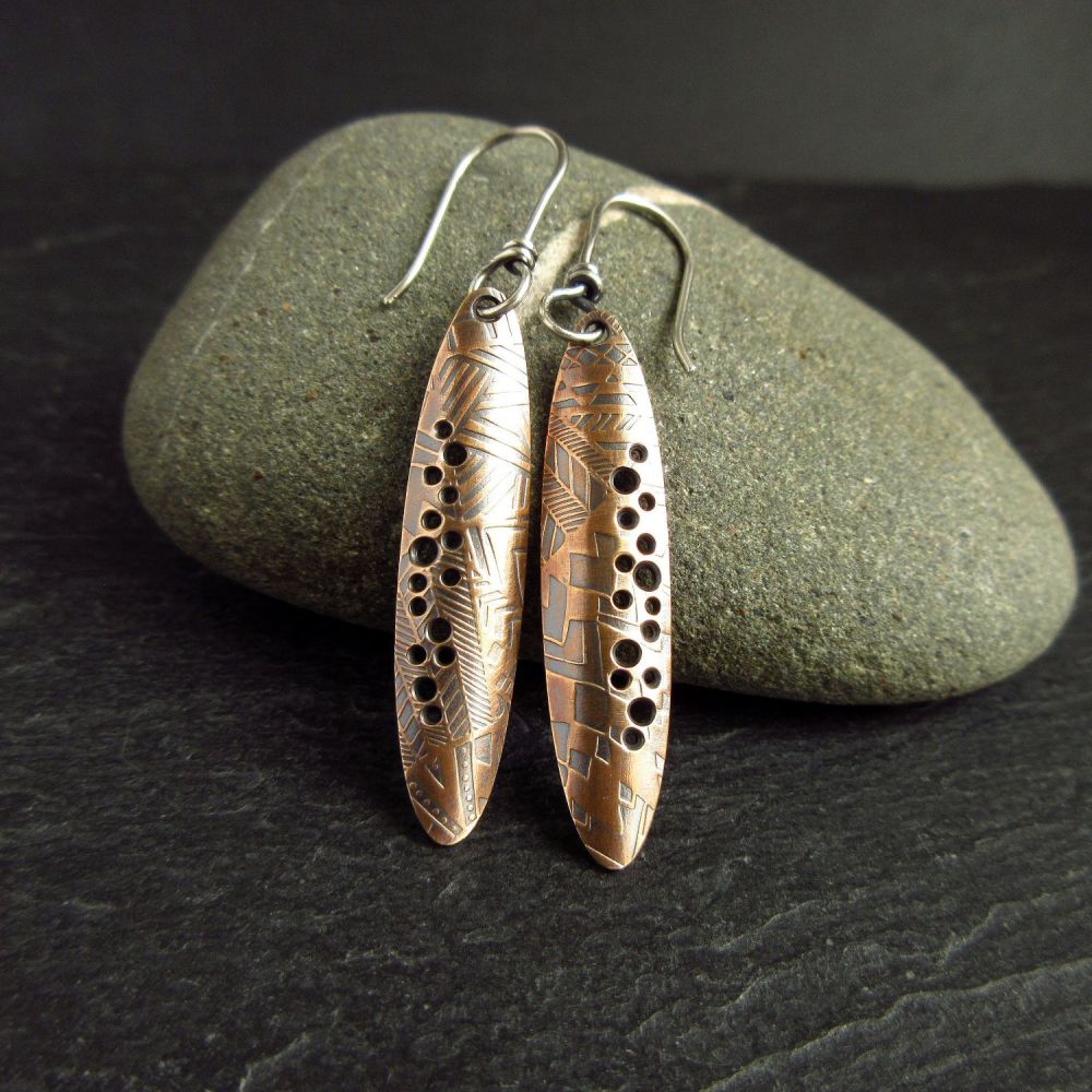 Long Oval Bronze Earrings with Pattern and Hole Decoration