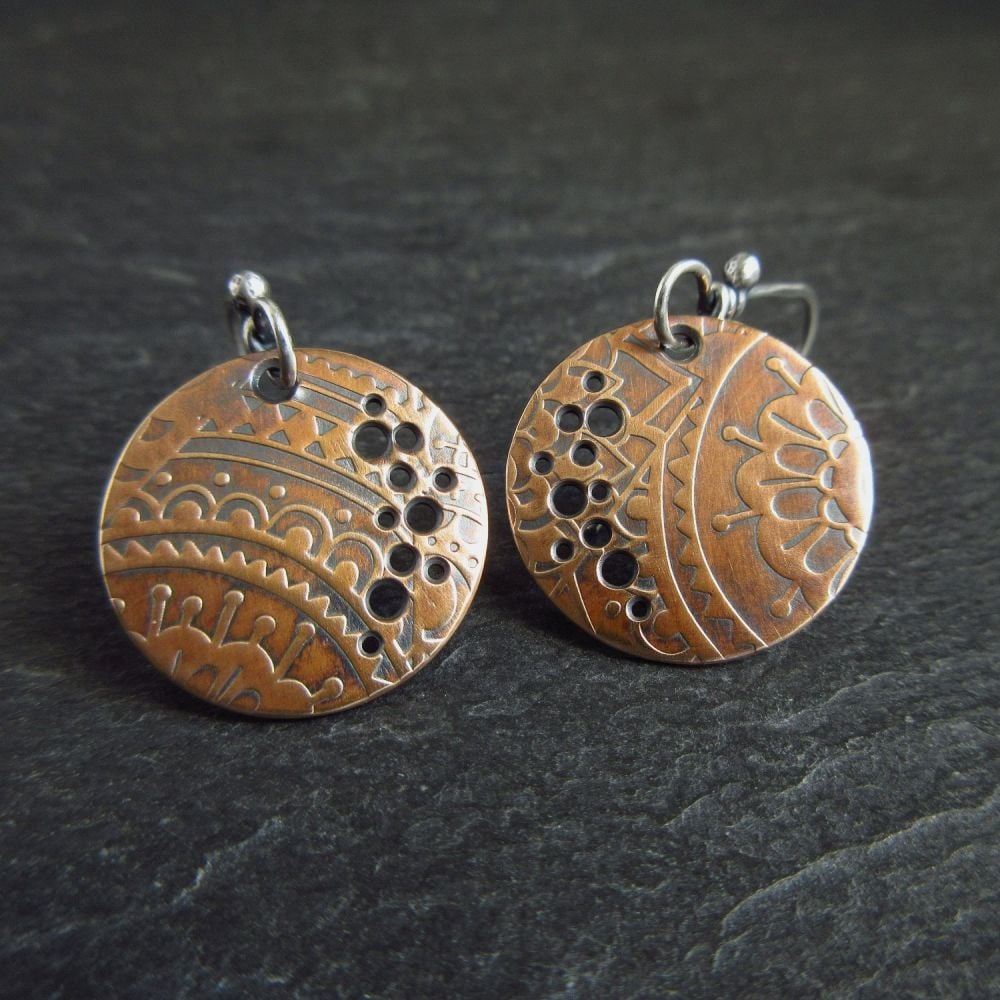 Bronze Disc Earrings with Hole Design