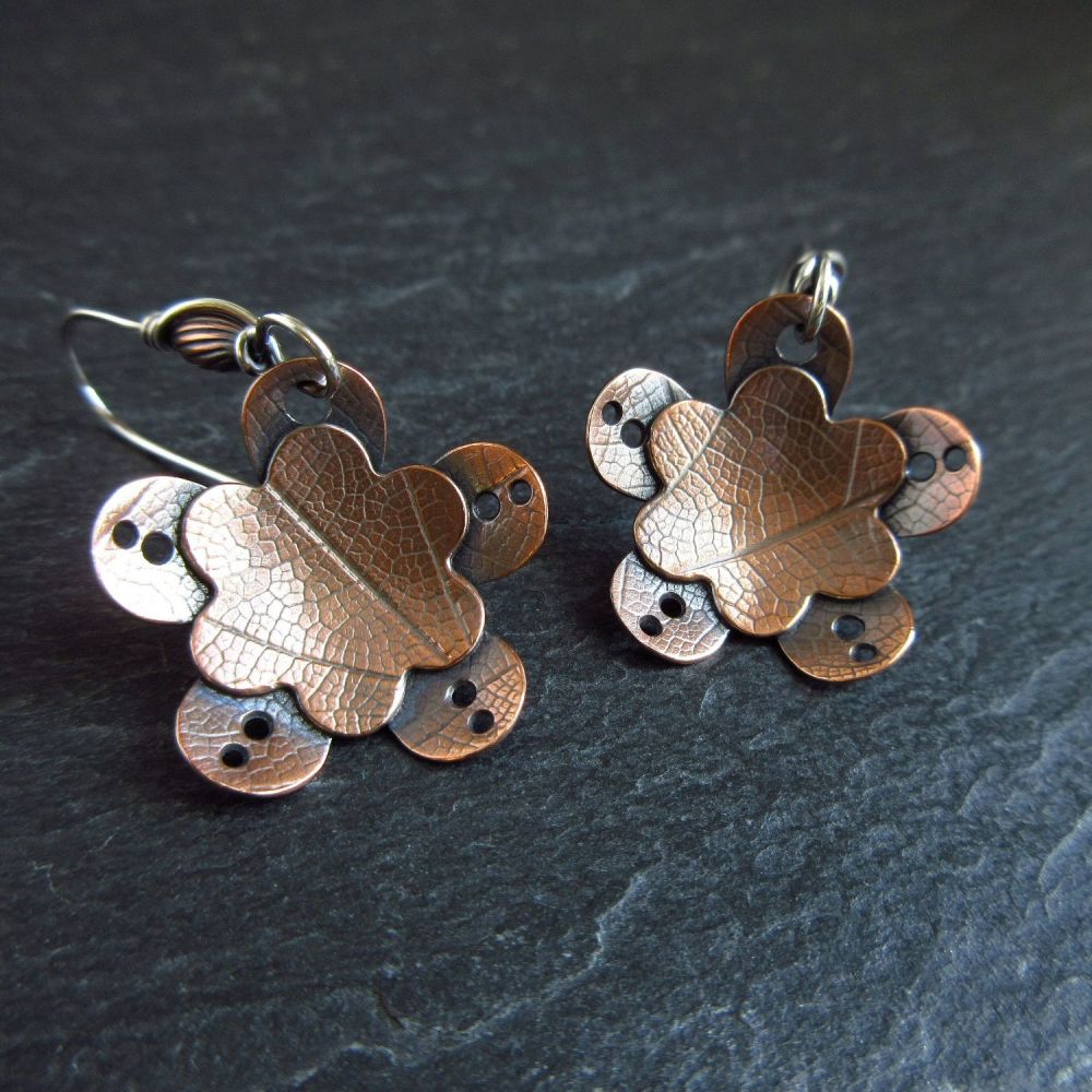 Copper Flower Earrings with Leaf Vein Pattern