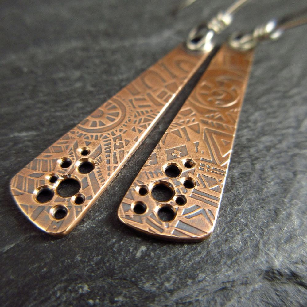 Genuine Bronze Earrings with Pattern Detail Paddle Shape