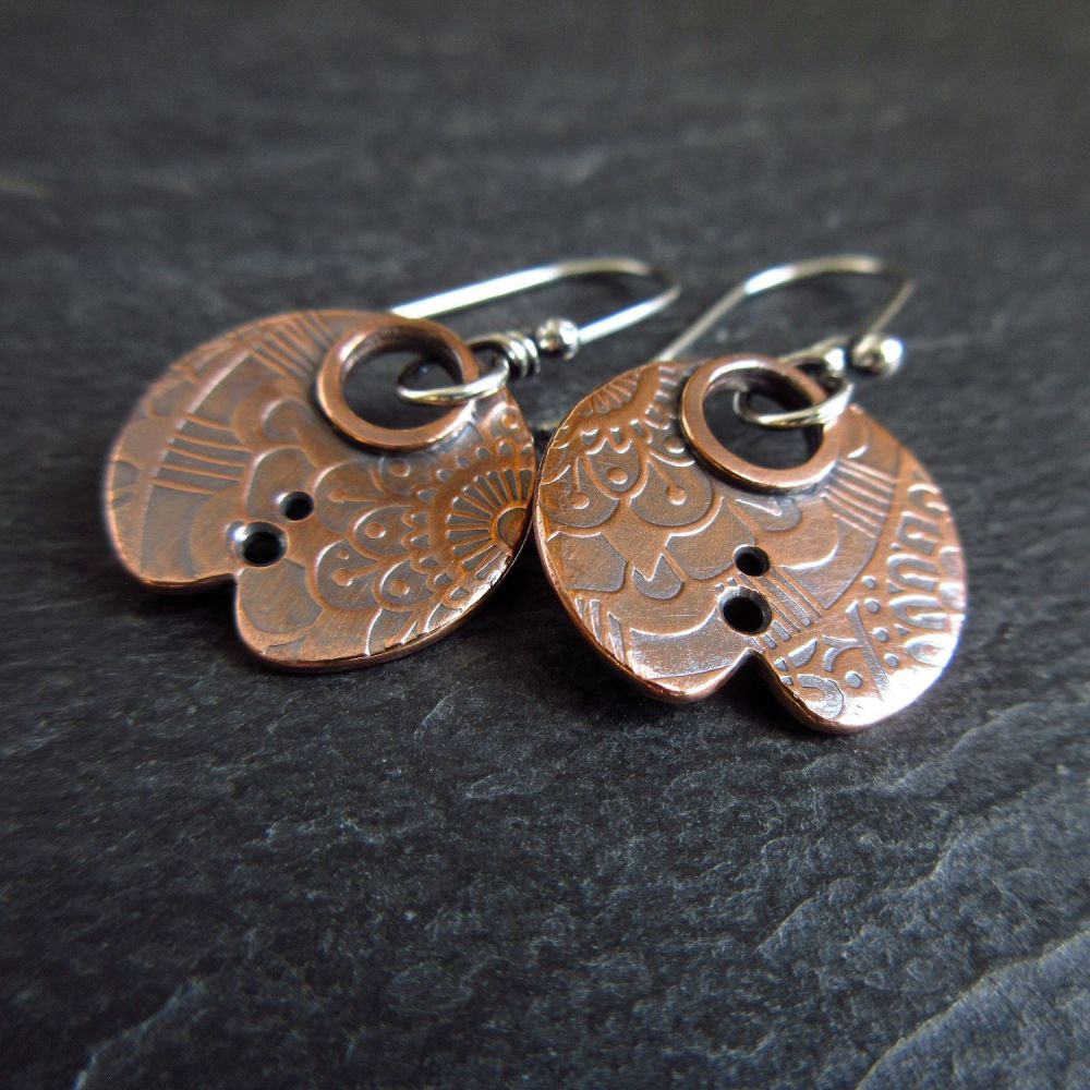 Copper Disc Earrings with Mandala Pattern