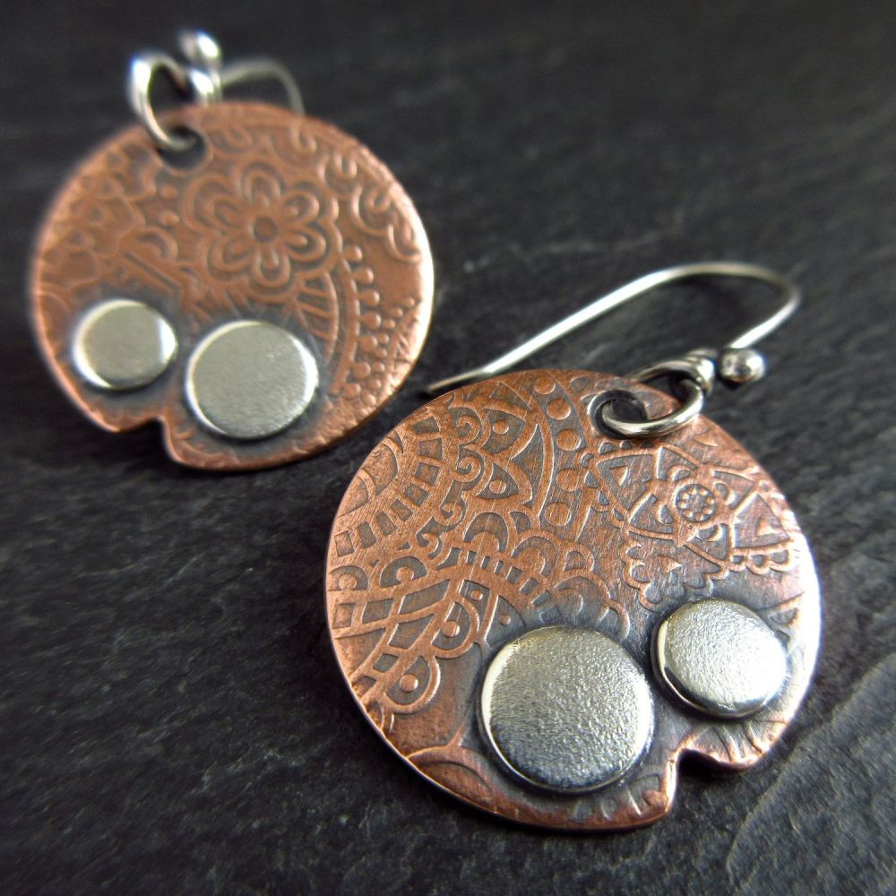 Copper Disc Earrings with Silver Dots and Mandala Pattern