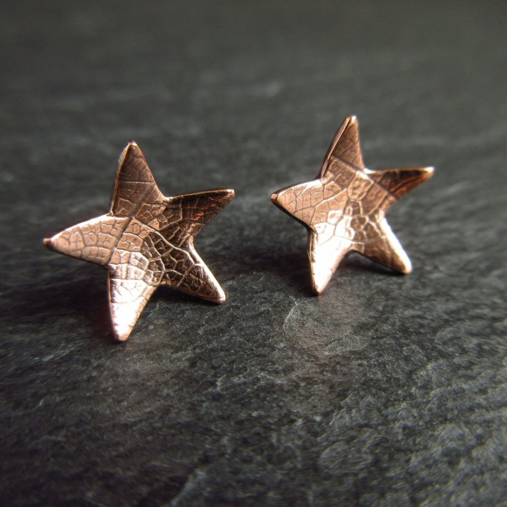 Copper Star Shape Stud Earrings with Leaf Vein Texture