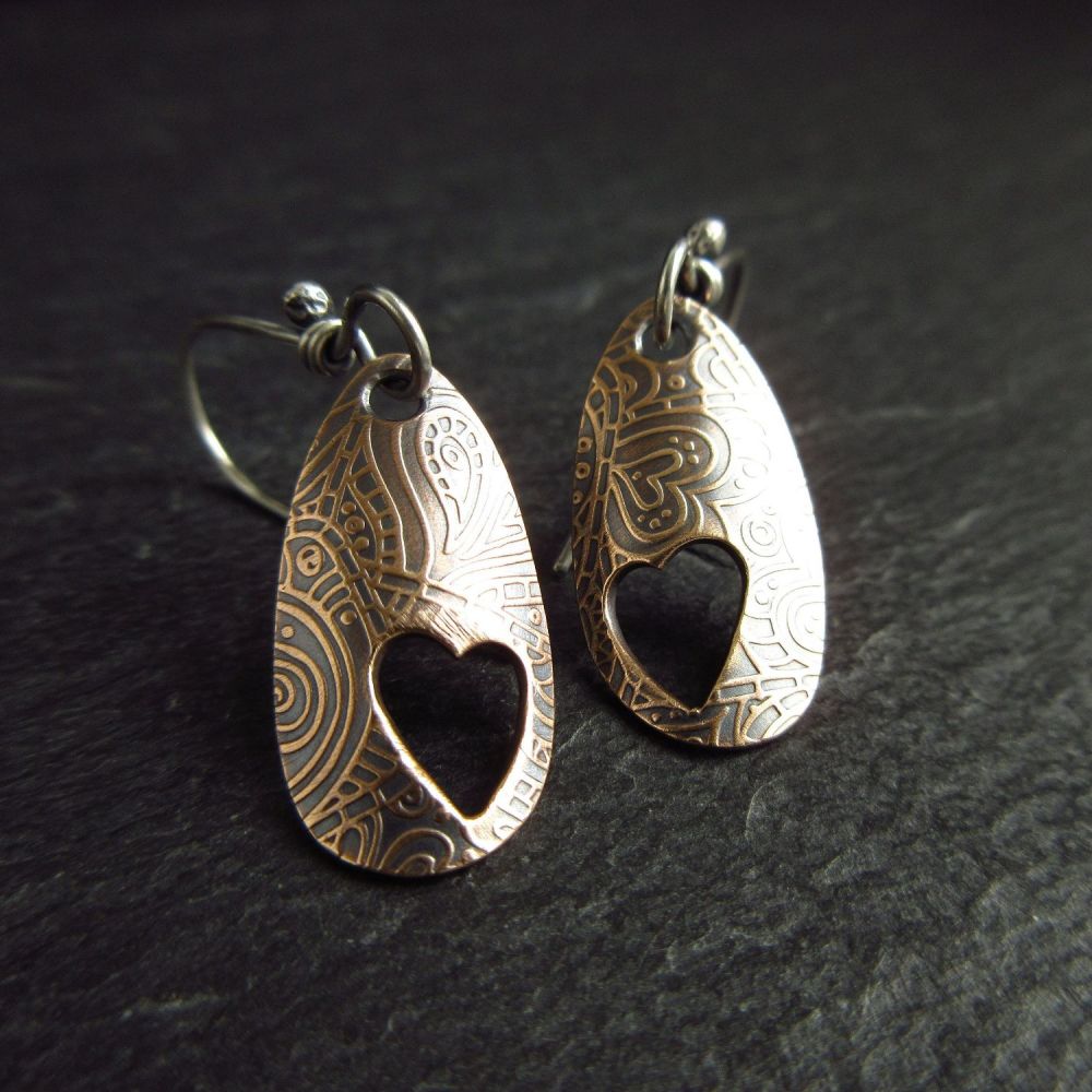 Real Bronze Earrings with Heart Cut Out Detail