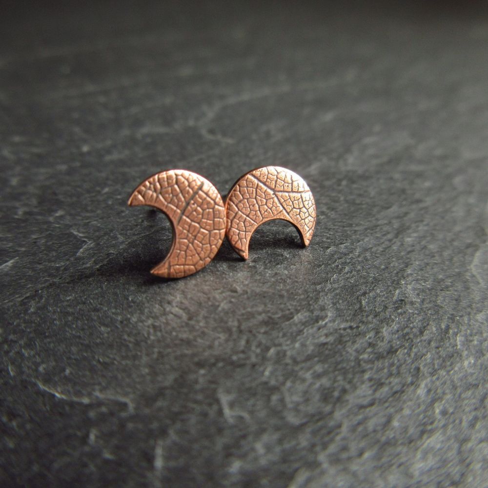 Copper  Crescent Moon Stud Earrings with Leaf Vein Texture