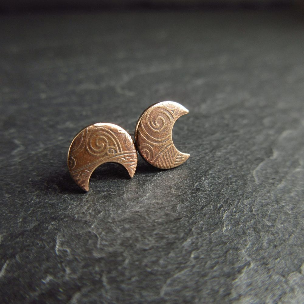 Bronze Crescent Moon Shape Stud Earrings with Leaf and Spiral Pattern