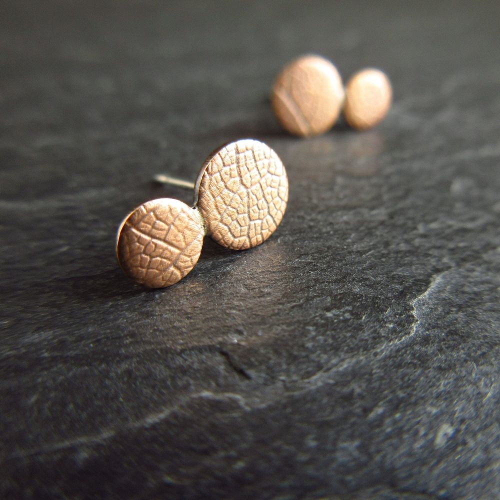 Bronze Double Disc Stud Earrings with Leaf Vein Texture