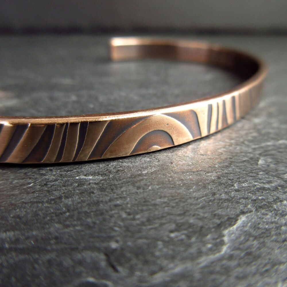 Genuine Bronze Cuff Bangle with Wavy Line Pattern - Personalisation option