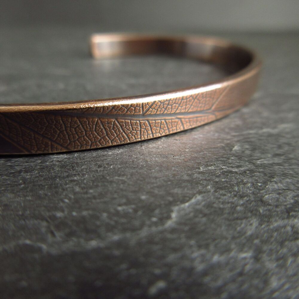 Real Bronze Cuff Bangle with Leaf Vein Texture