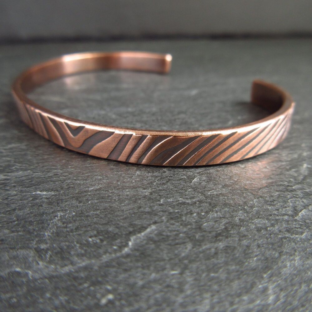 Real Copper Cuff Bangle with Wavy Line Texture - Personalisation option