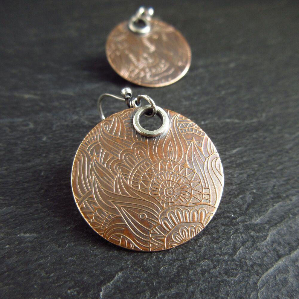 Genuine Bronze Disc Earrings with Embossed Pattern