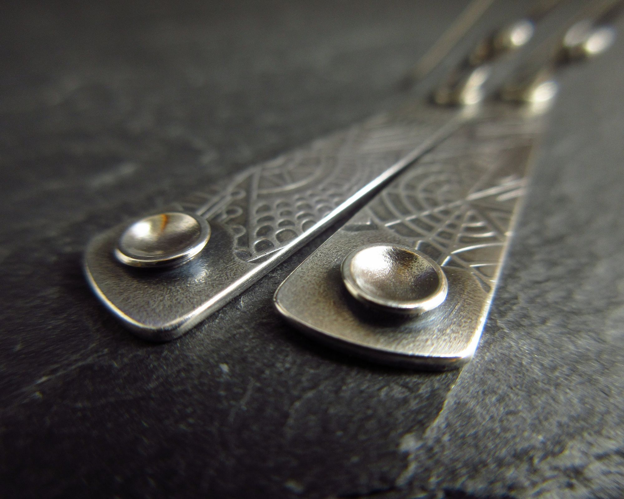 sterling silver paddle earrings with oxidised finish