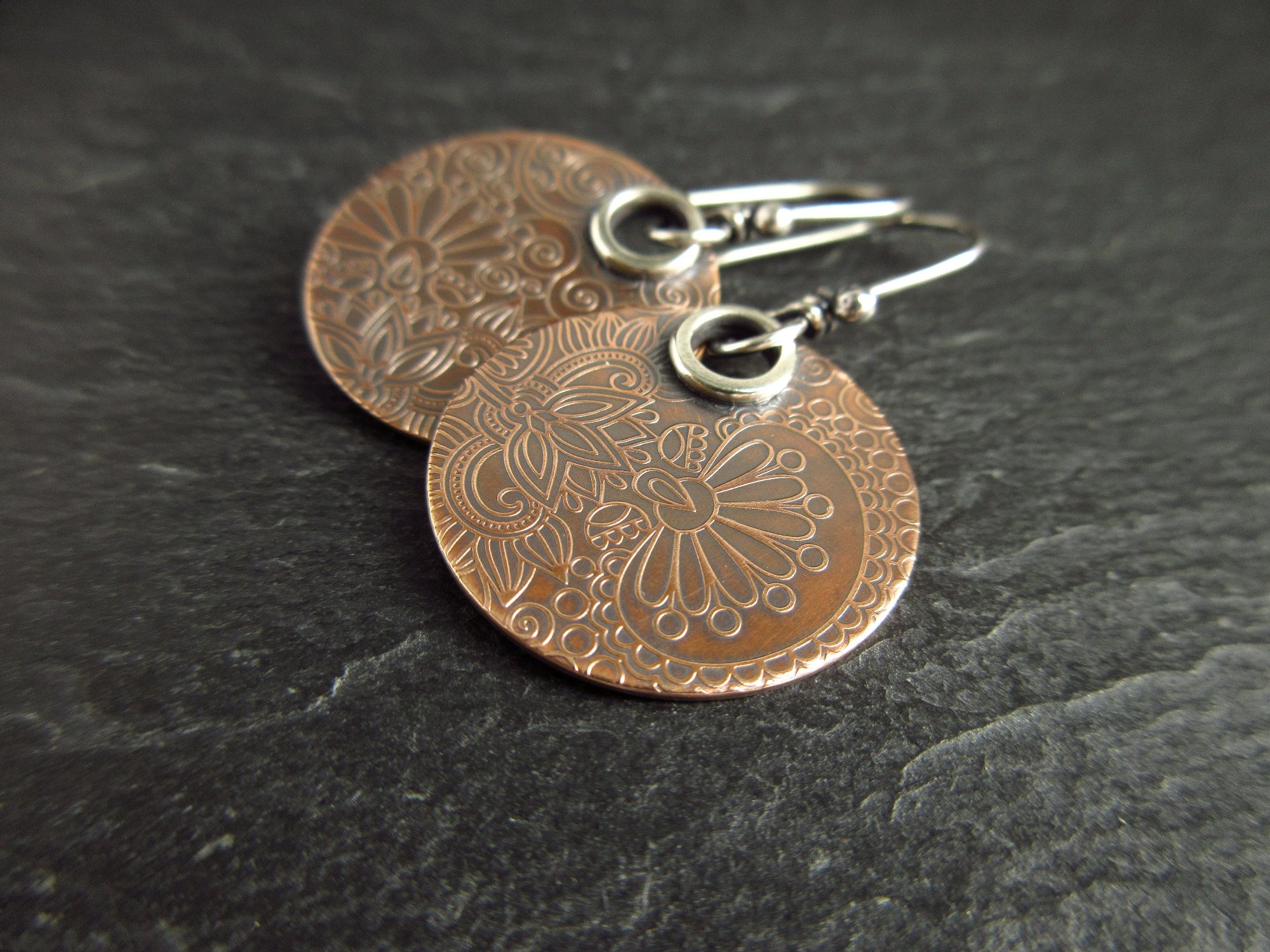 bronze pattern disc earrings