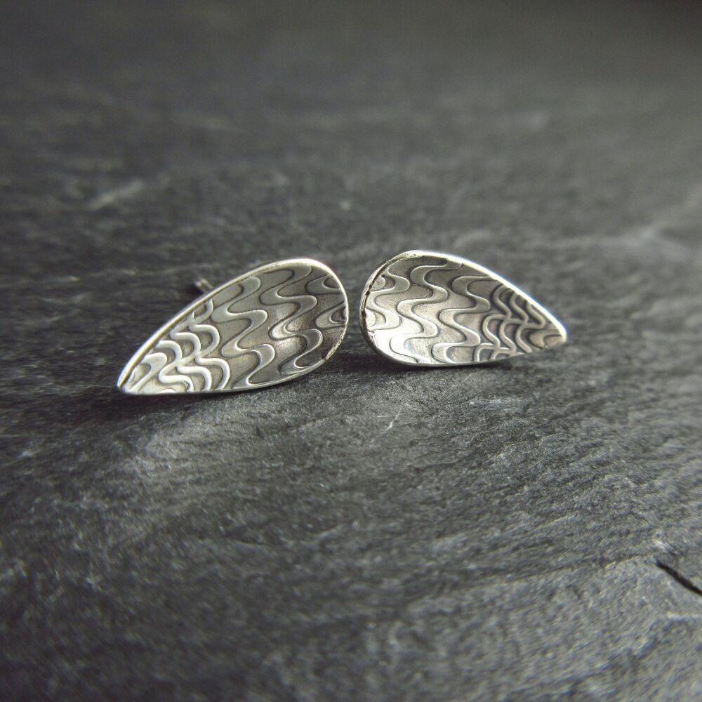 Sterling Silver Leaf Stud Earrings with Wavy Line Pattern