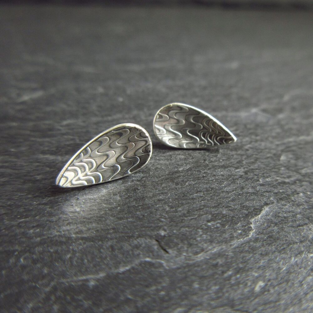 Sterling Silver Leaf Stud Earrings with Wavy Line Pattern