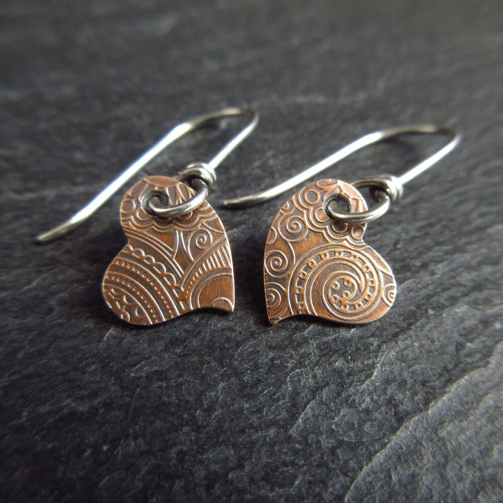 Small Bronze Heart Earrings with Sterling Silver Earwires