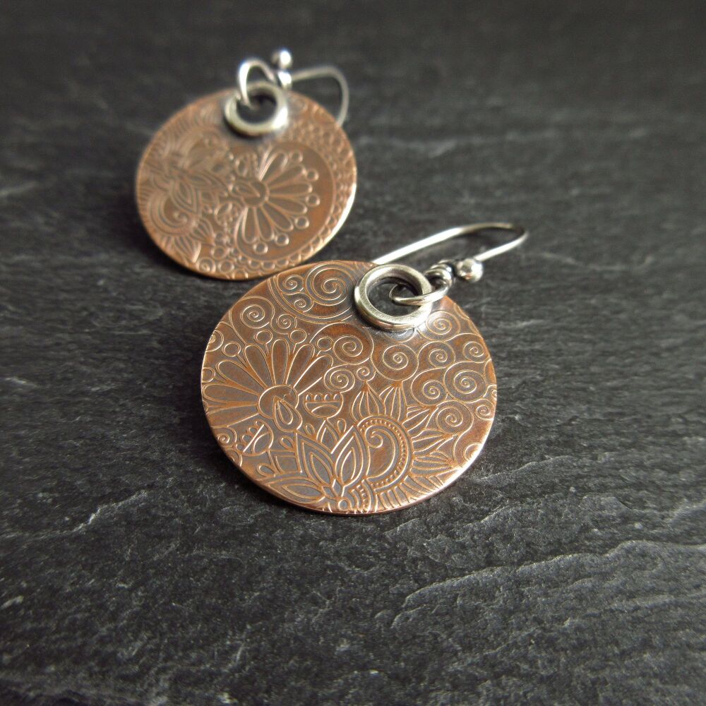 Real Bronze Disc Earrings with Doodle Pattern