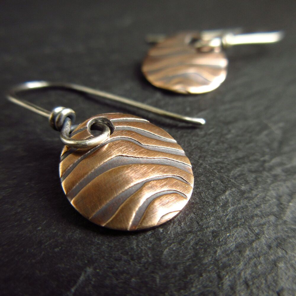 Real Bronze Curved Disc Earrings with Ripple Pattern