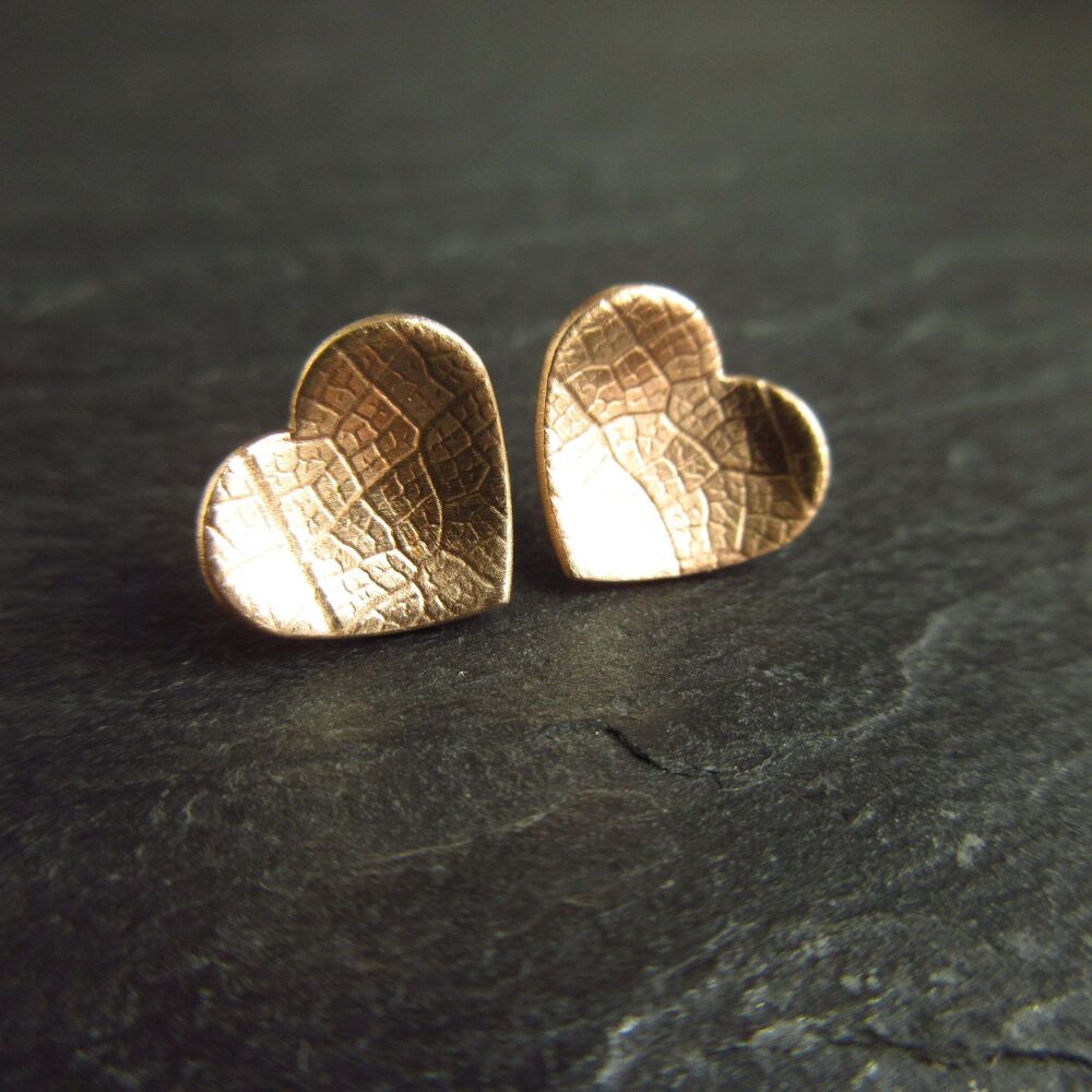 Shiny Golden Bronze Heart Shape Stud Earrings with Leaf Vein Texture