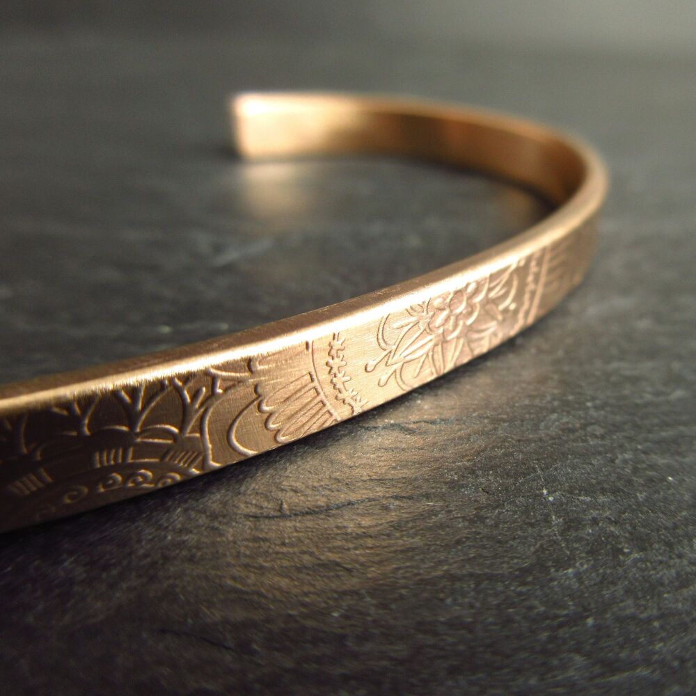Handmade Golden Bronze Cuff Bracelet with Pattern Detail - Engraving option