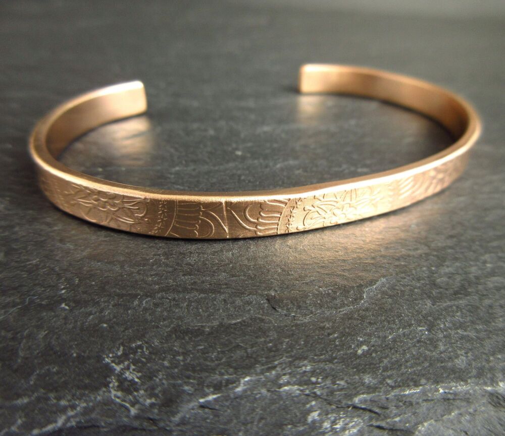 Handmade Golden Bronze Cuff Bracelet with Pattern Detail - Engraving option
