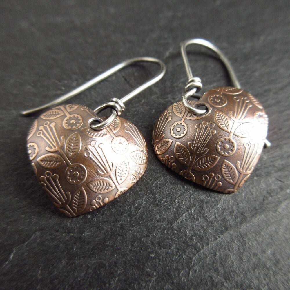 Bronze Heart Earrings with Scandi Style Flower Pattern