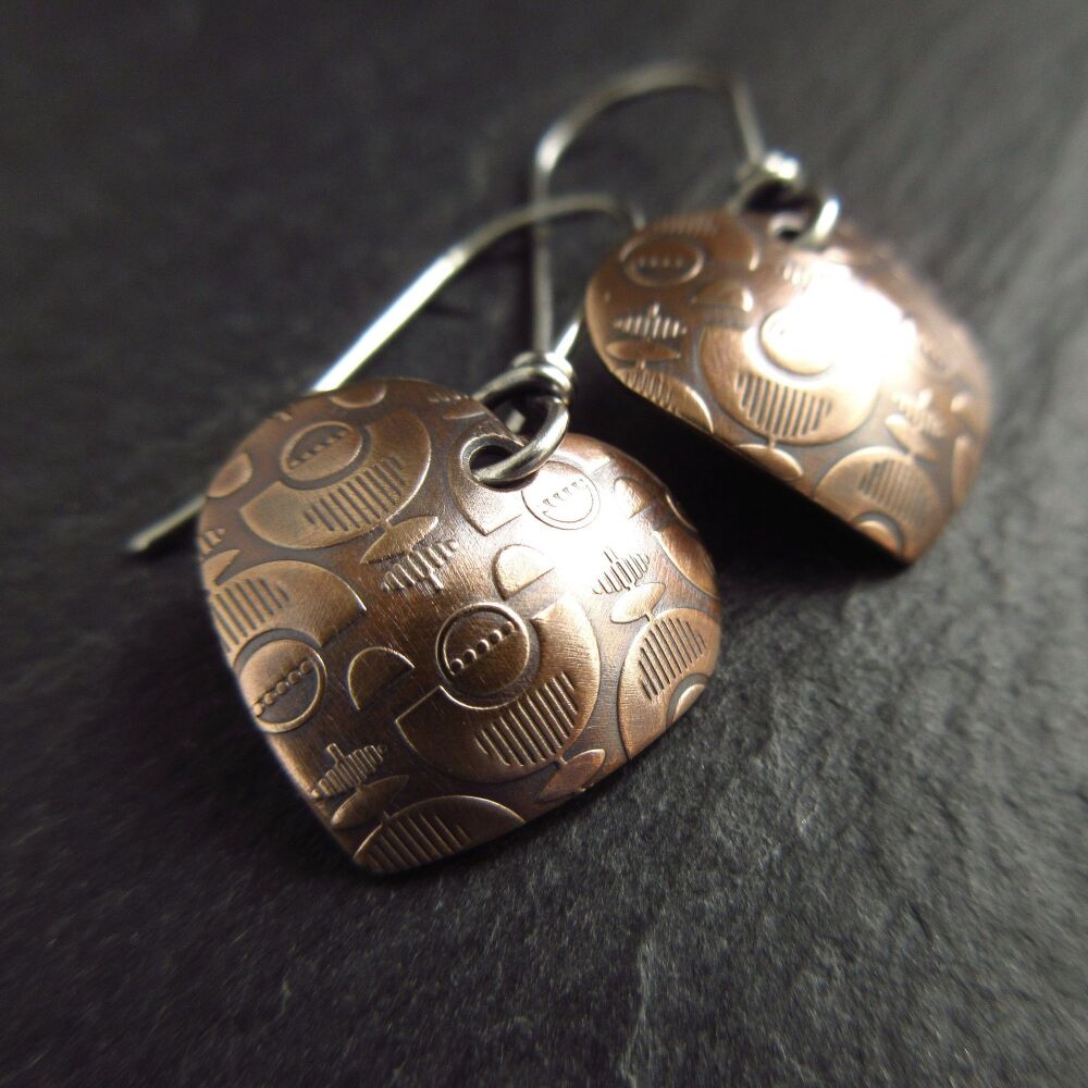 Genuine Bronze Heart Shape Earrings with Retro Flower Pattern