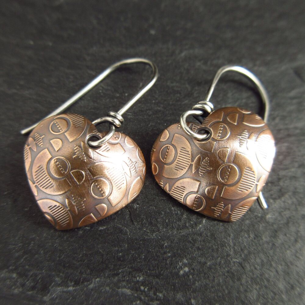 Genuine Bronze Heart Shape Earrings with Retro Flower Pattern