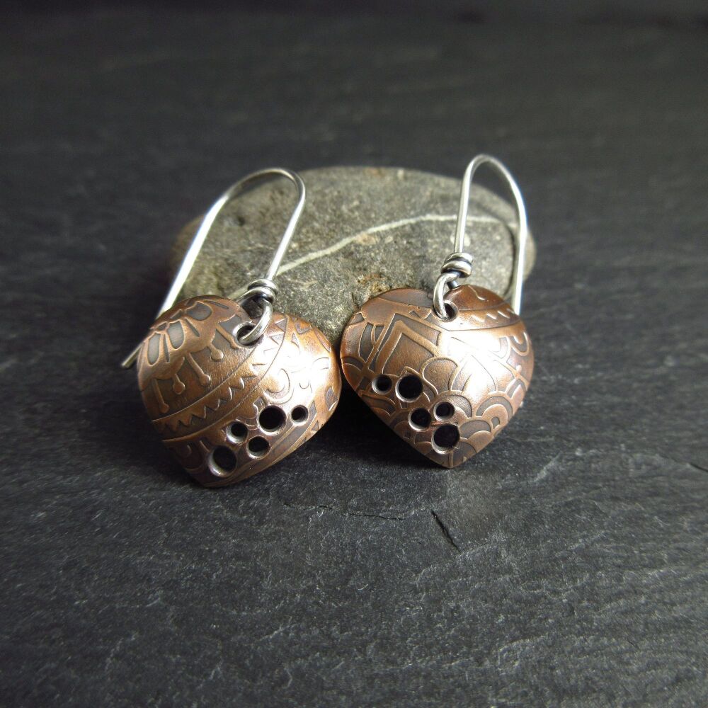 Bronze Heart Earrings with Mandala Pattern and Hole Pattern