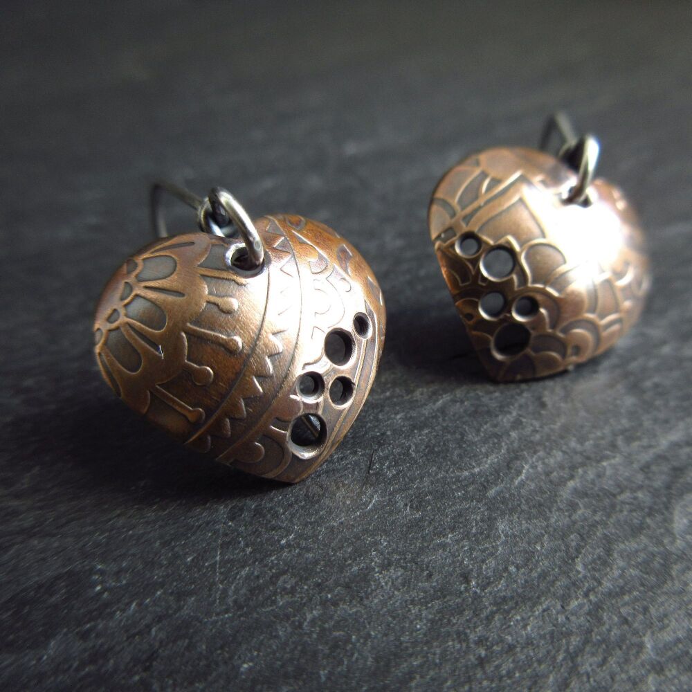 Bronze Heart Earrings with Mandala Pattern and Hole Pattern