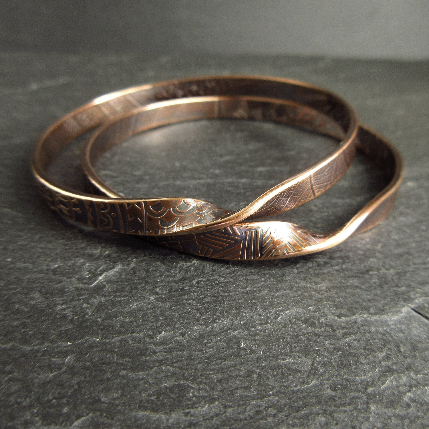 handmade bronze bangles with ripple pattern