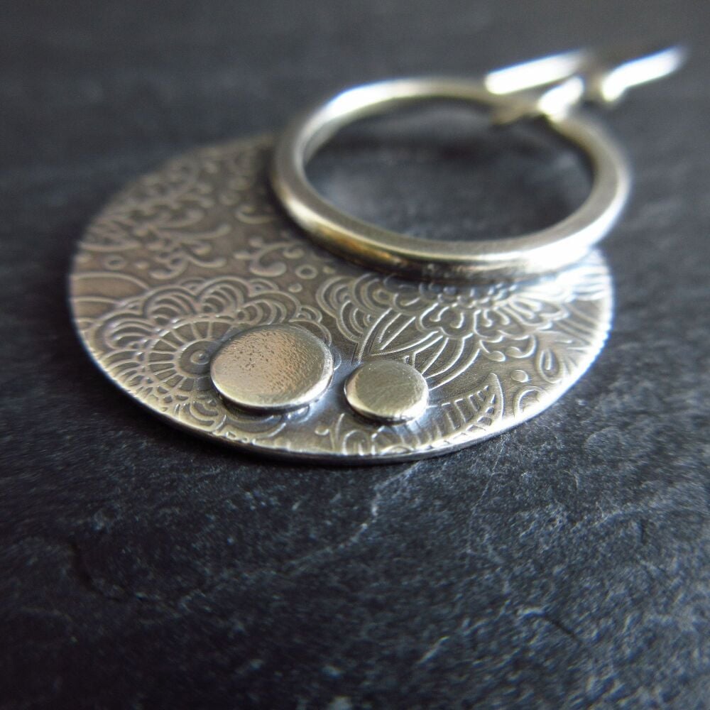 Sterling Silver Hoop and Disc Patterned Earrings