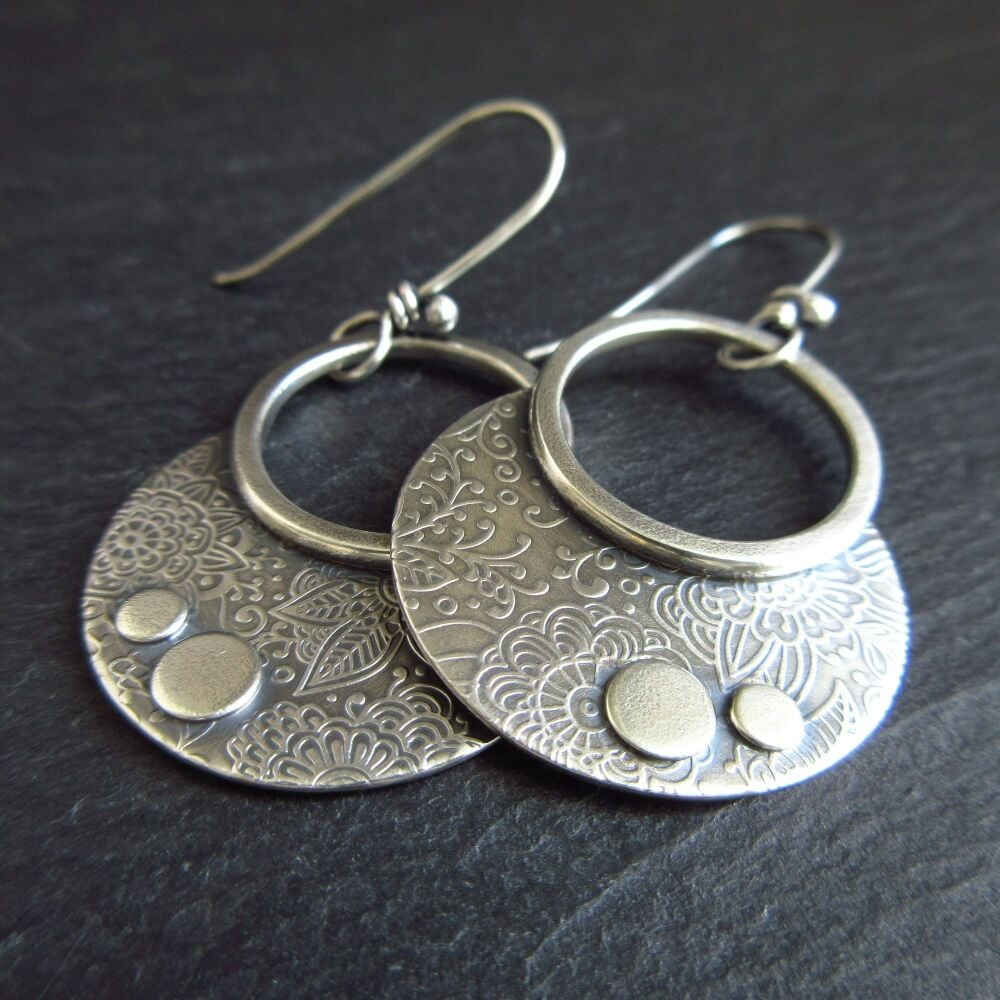 Sterling Silver Hoop and Disc Patterned Earrings