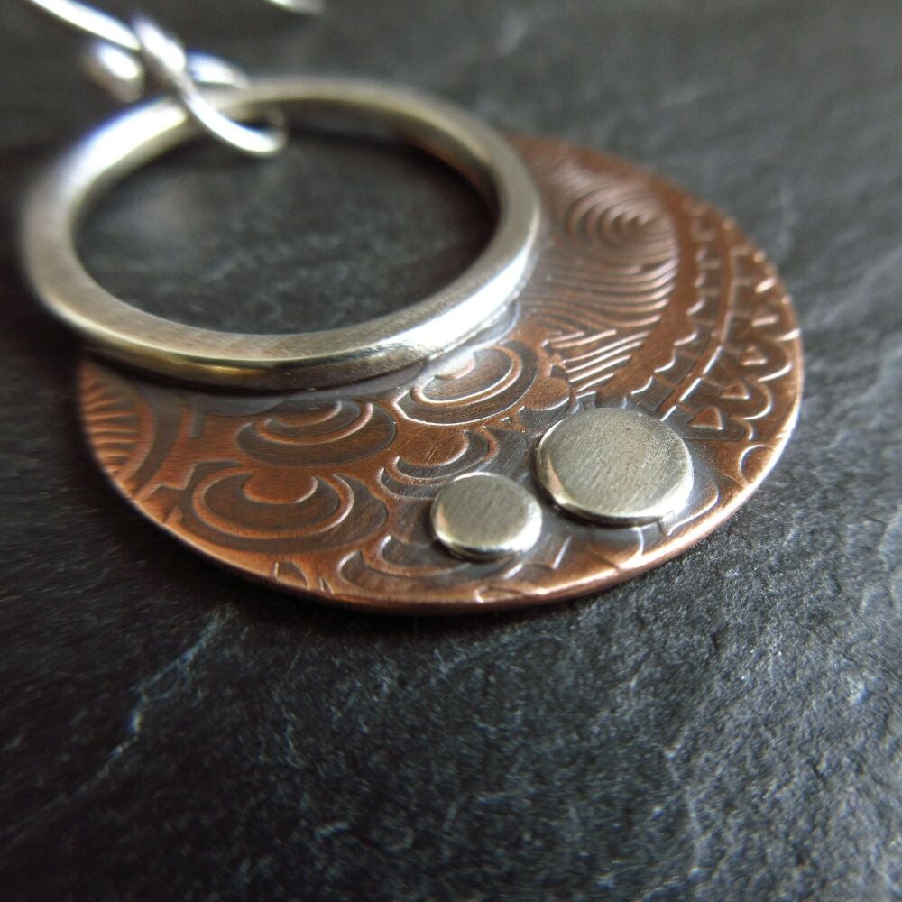 Copper and Sterling Silver Disc earrings with Doodle Pattern