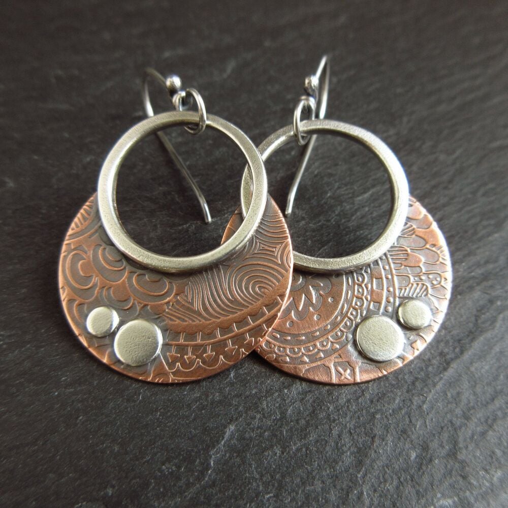 Copper and Sterling Silver Disc earrings with Doodle Pattern