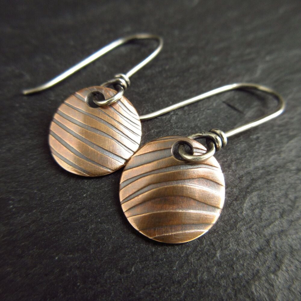 Real Bronze Curved Disc Earrings with Ripple Pattern