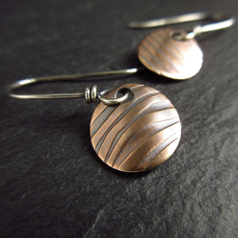 Real Bronze Curved Disc Earrings with Ripple Pattern