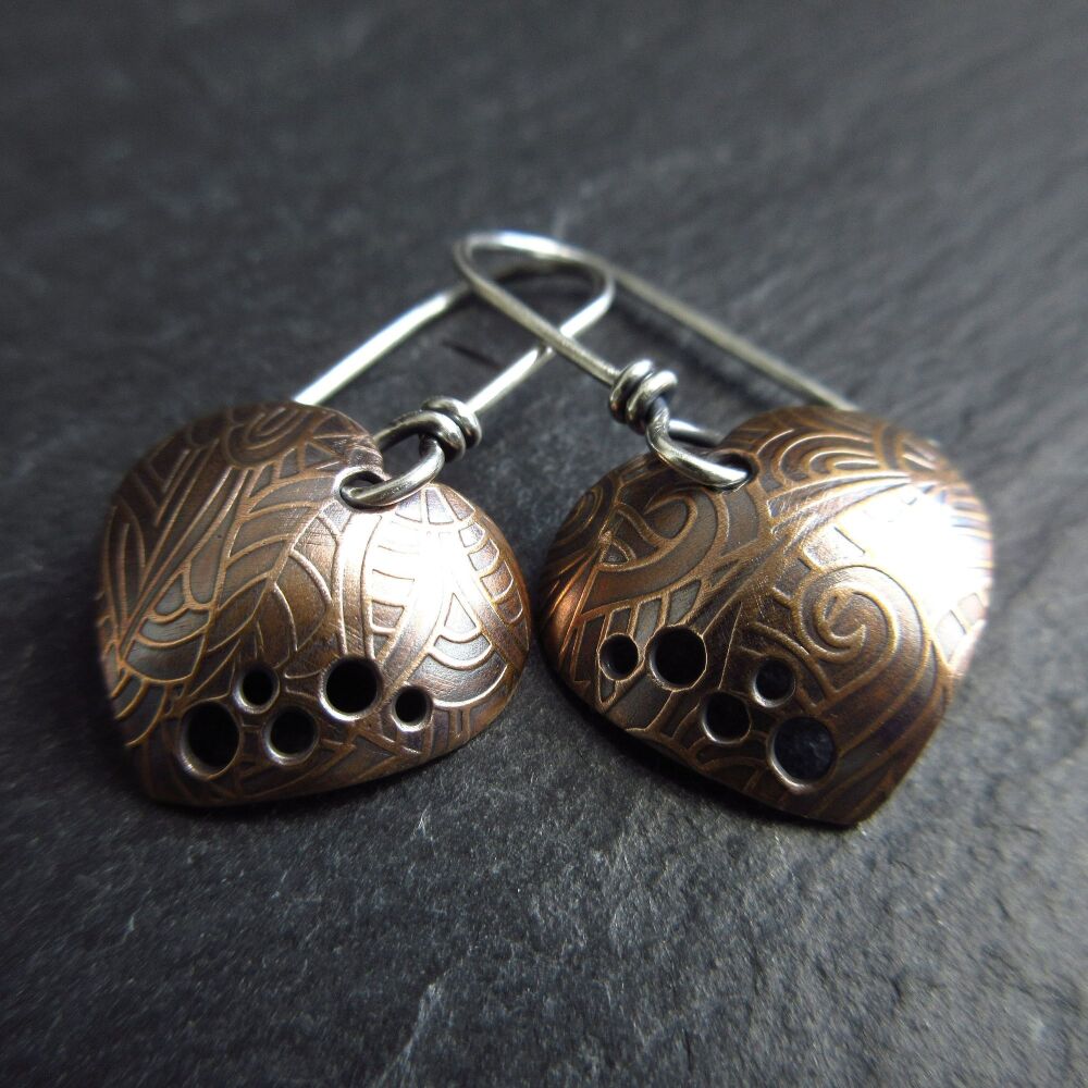 Bronze Heart Earrings with Mandala Pattern and Hole Pattern