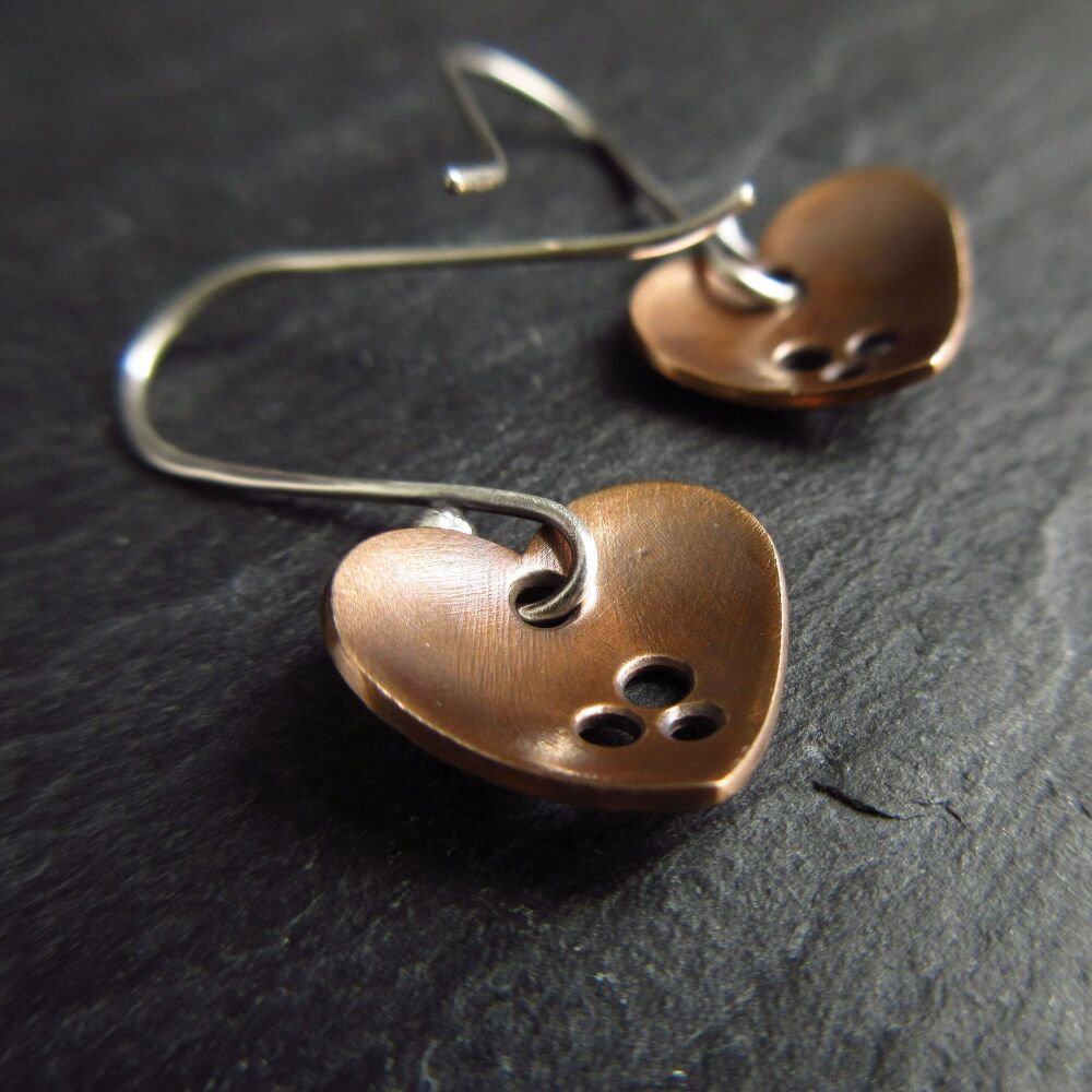 Bronze Heart Earrings with Doodle Design and Hole Pattern