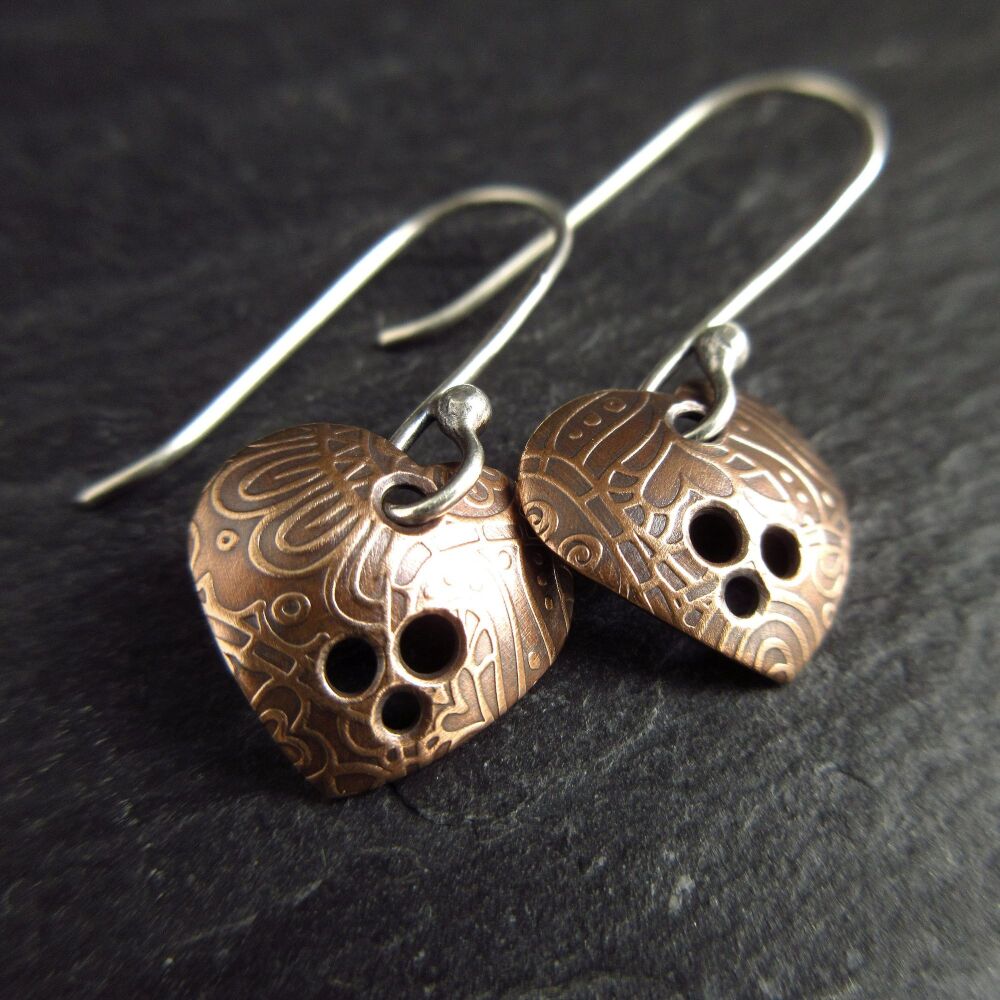 Bronze Heart Earrings with Doodle Design and Hole Pattern