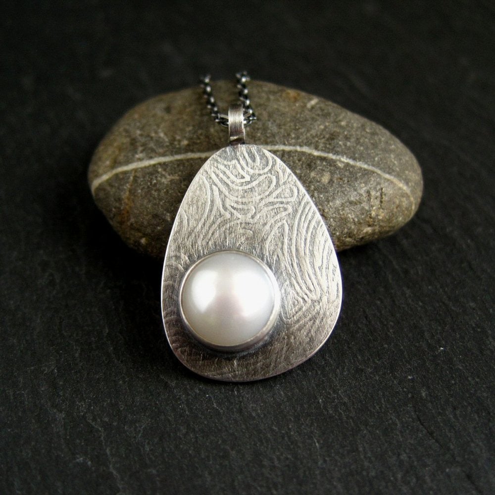 Sterling Silver Pebble Pendant with White Freshwater Pearl